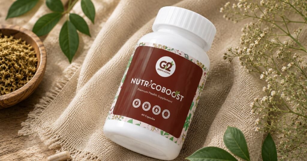 Bottle labeled NutriCoBoost&mdash;premium health supplement, 60 capsules, on a beige burlap fabric with dried herbs and green leaves nearby.