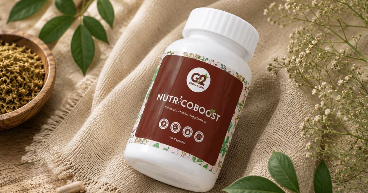 Bottle labeled NutriCoBoost&mdash;premium health supplement, 60 capsules, on a beige burlap fabric with dried herbs and green leaves nearby.