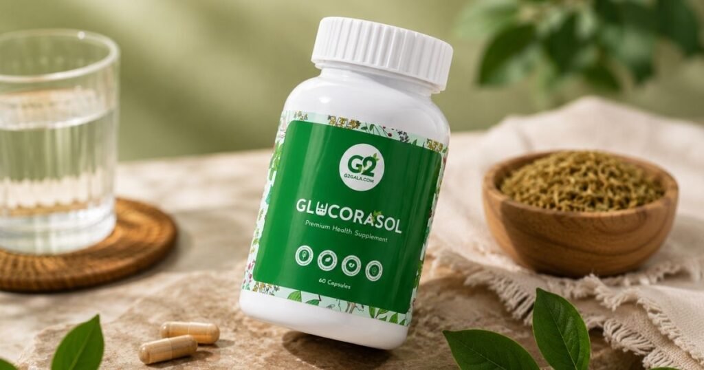 White bottle with a green label reading GLUCORASOL, a premium health supplement, placed on a wooden table with capsules nearby, a glass of water, and a bowl of seeds in the background.