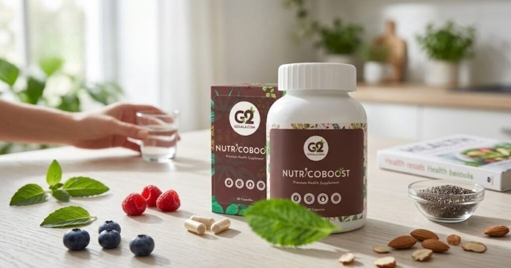 Bottle and box of a dietary supplement on a bright kitchen table, surrounded by berries, nuts, and a glass of water.